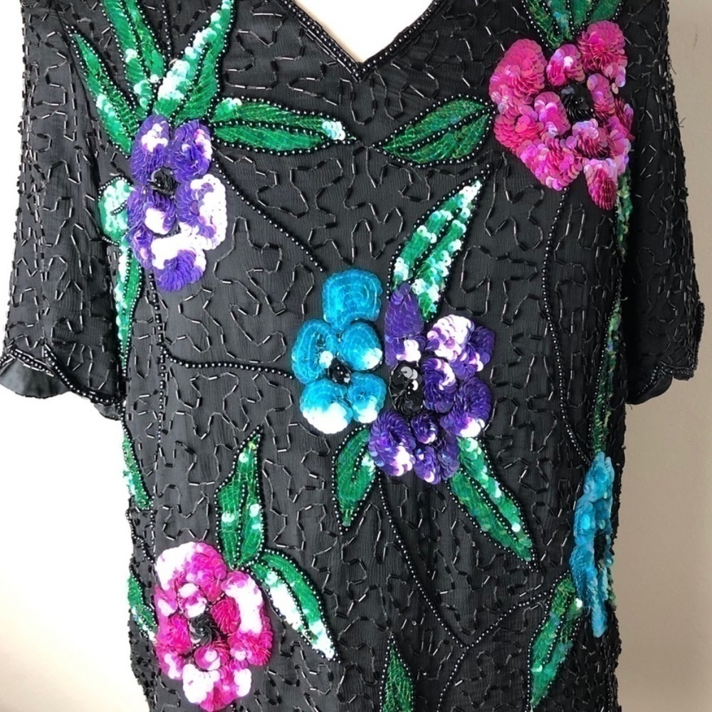 STENAY Vintage Silk Floral Sequin Beaded Blouse size L - Picture 6 of 12
